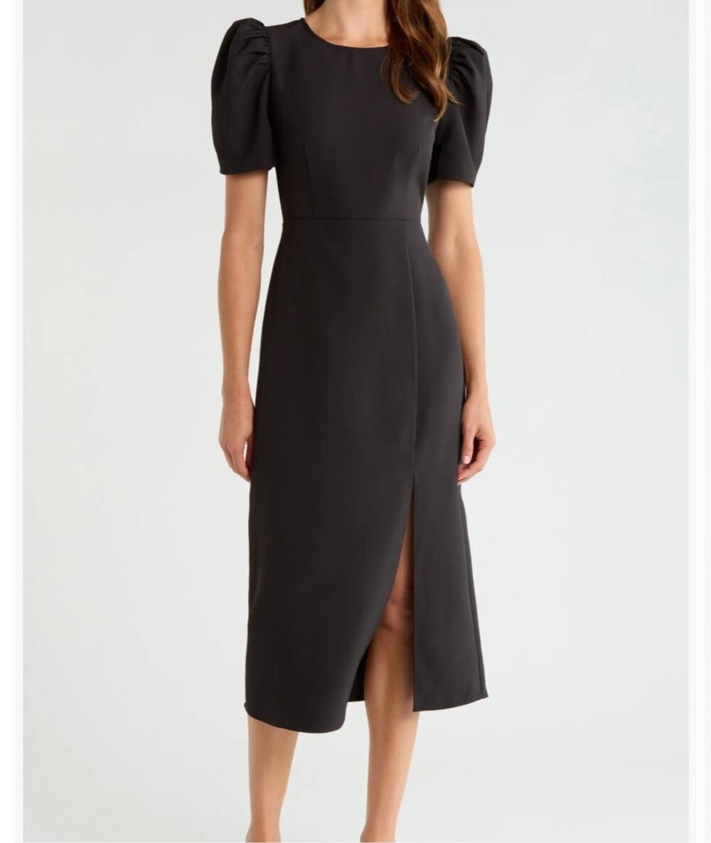 Baltic Born Puff Sleeve Keyhole Sheath Midi Dress Women's Small Black